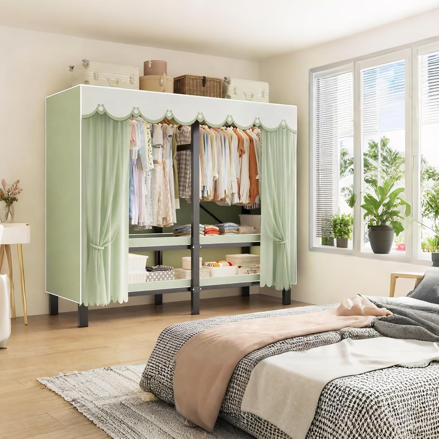 Foldable Clothe Rack with Wheel W/cover Load 1100lbs Heavy-duty Portable Wardrobe for Bedroom Armoires Freestanding Clothing Coat Storage Rack Rolling Garment Rack for Hanging(Green,110cm/43.3in)