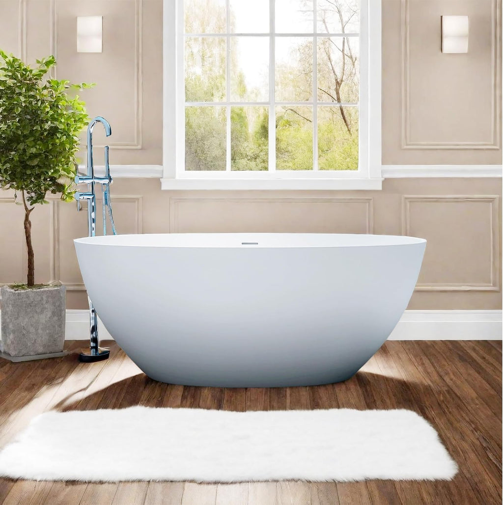 55'' Stone Resin Free Standing Tub, Freestanding Bathtub Solid Surface, Modern Soaking Tub with Overflow and Pop-up Drain in White
