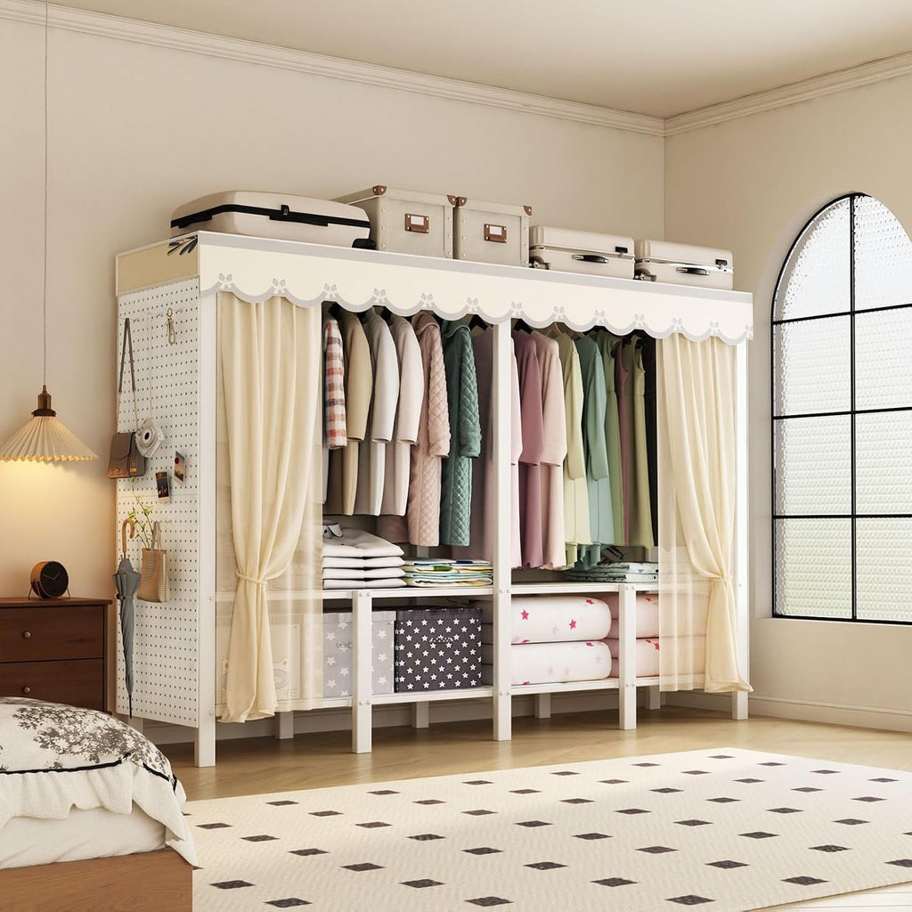 75in Portable Wardrobe Closet Rack, 1100lbs Heavy-Duty Foldable Steel Closet With Cover, Freestanding Enclosed Armoire For Hanging Clothes, Bedroom Storage Organizer