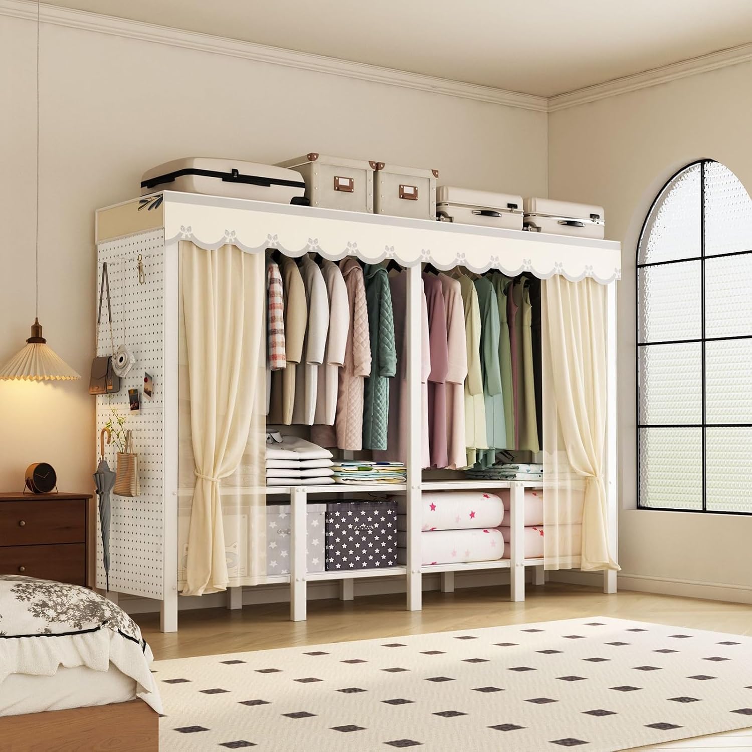 75in Portable Wardrobe Closet Rack, 1100lbs Heavy-Duty Foldable Steel Closet With Cover, Freestanding Enclosed Armoire For Hanging Clothes, Bedroom Storage Organizer