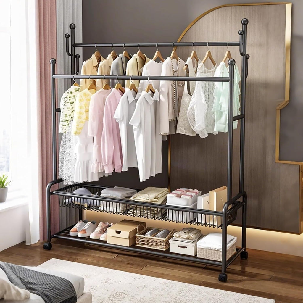 Portable Clothes Rack For Hanging Clothes,Metal Garment Rack With Storage Shelves And Coat/Hat Hooks,Freestanding Clothing Organizer,For Bedroom Living Room,Black/Gold(Black,120cm(47.2in))