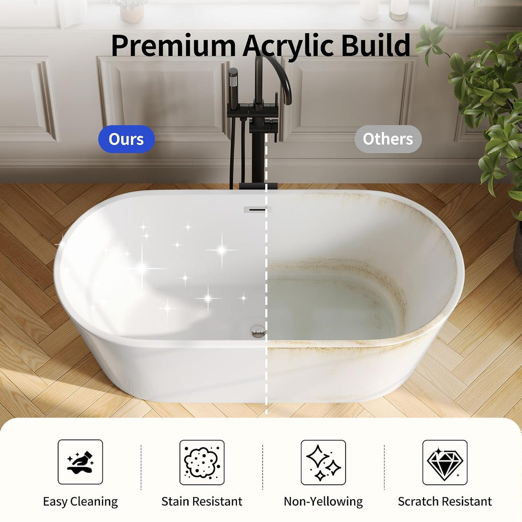 DeerValley 59' Acrylic Free Standing Tub, White Stand Alone Tub, Deep Soaking Tub with Center Drain & Integrated Overflow, Freestanding Bathtub with Ergonomic Design, DV-1T131S