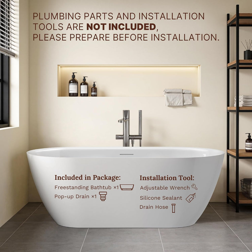 67' Freestanding Bathtub, Oval Deep Soaking Tub for Bathing, Modern Stand Alone Acrylic Bath Tub, with Integrated Overflow & Pop-Up Drain, cUPC Certified, Glossy White Finish