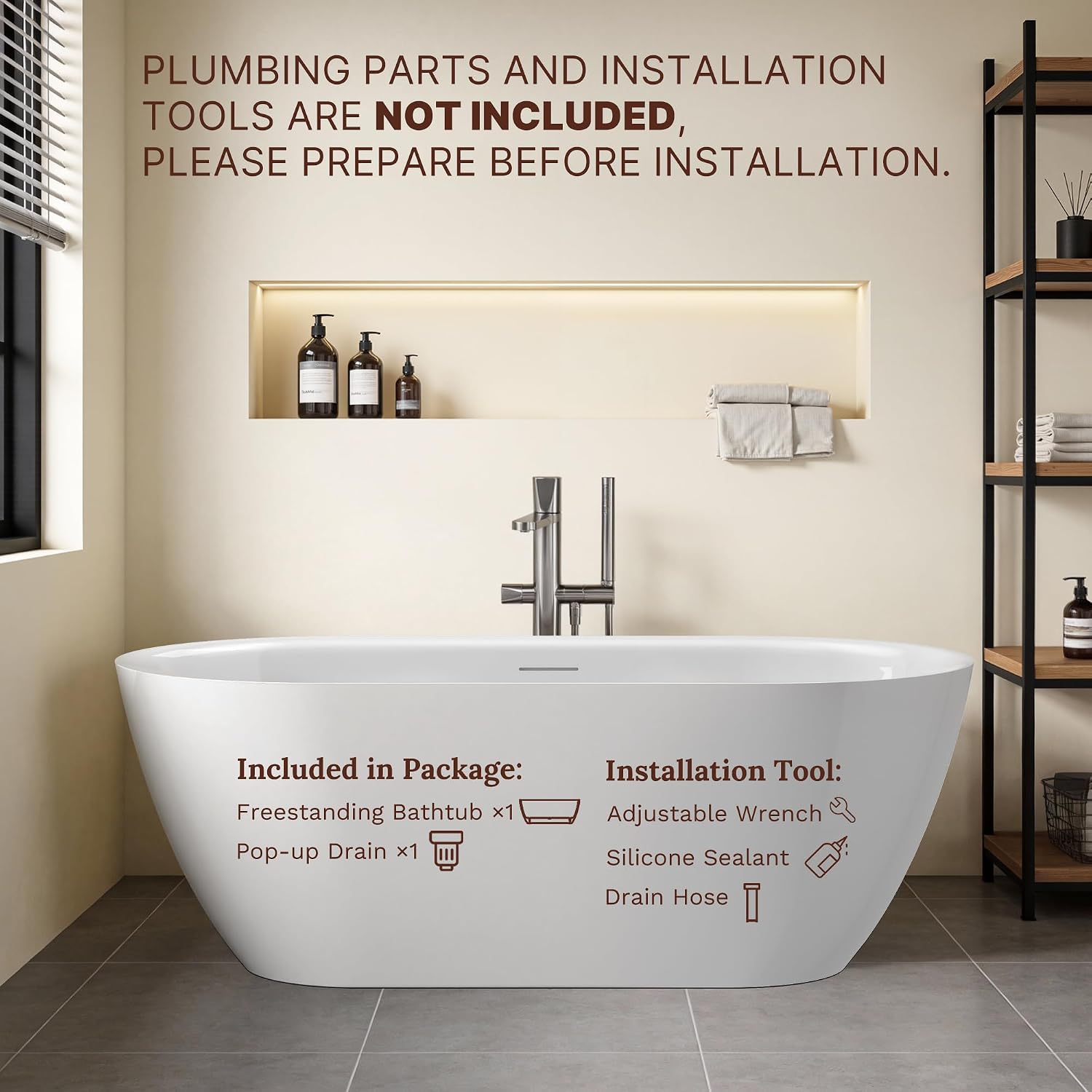 67' Freestanding Bathtub, Oval Deep Soaking Tub for Bathing, Modern Stand Alone Acrylic Bath Tub, with Integrated Overflow & Pop-Up Drain, cUPC Certified, Glossy White Finish