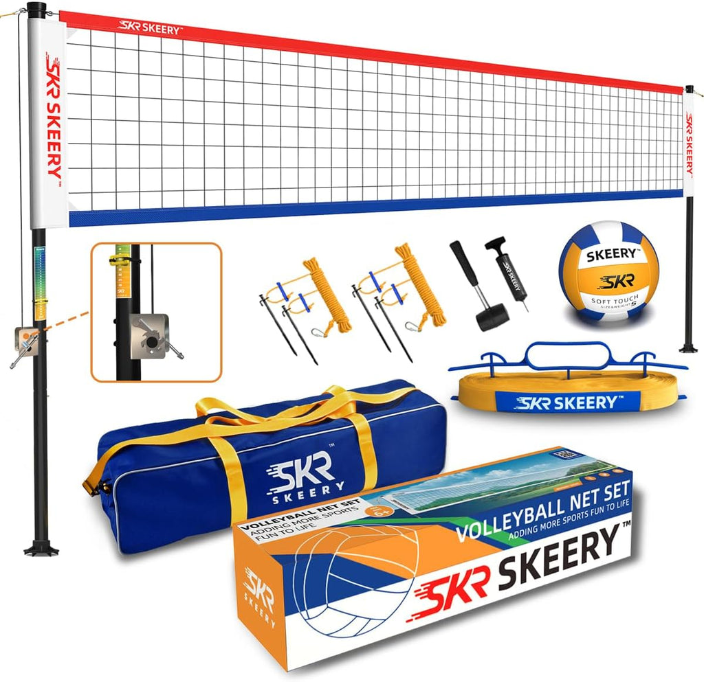 SKEERY Outdoor Heavy Duty Volleyball Net Set, Anti-Sag Design, Adjustable Aluminum Poles, Portable Volleyball Net for Backyard,Grass and Beach