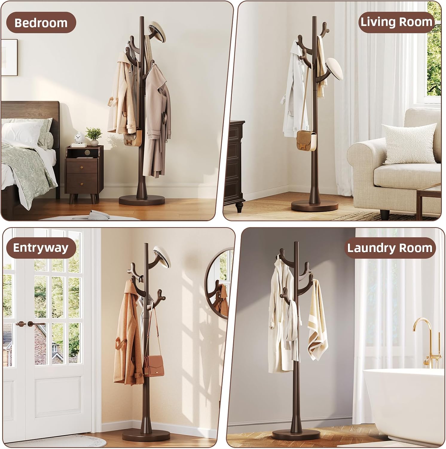 CozyDH Premium Solid Wood Freestanding Coat Rack, 4 Hooks Creative Tree Branch Look, Sturdy Standing Coat Tree for Entryway Bedroom Hallway Home Decor