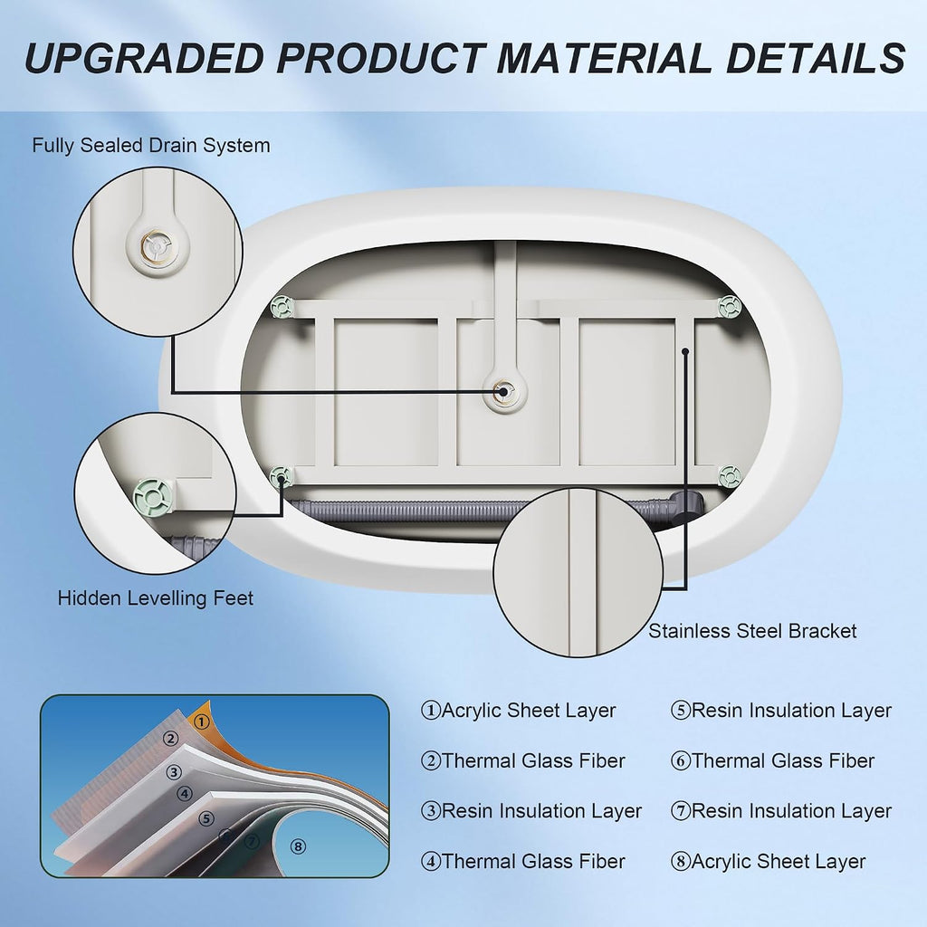 47' Freestanding Bathtub, Oval Soaking Tub with Chrome Overflow & Pop-Up Drain, CUPC Certified, Double-Walled Insulation, Modern Freestanding Tub for Bathroom