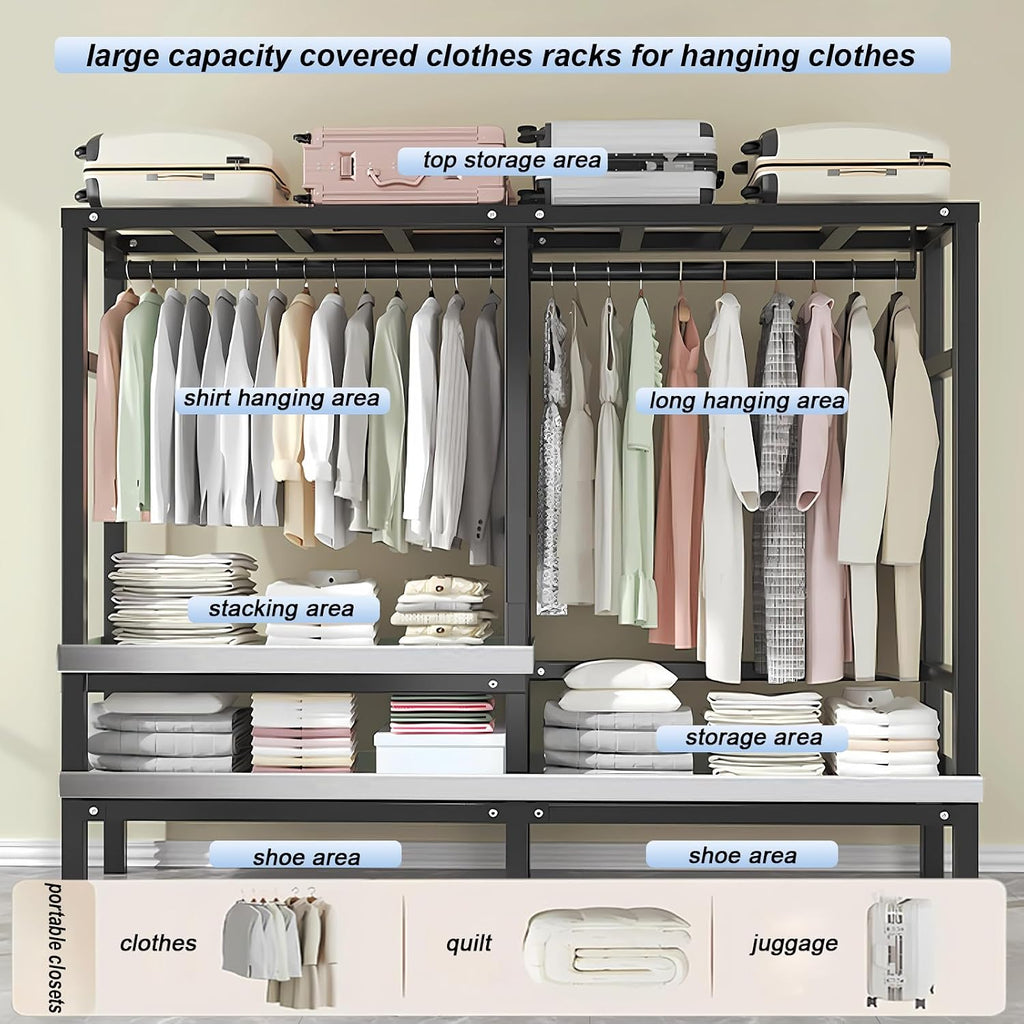 Heavy Duty Rolling Covered Metal Garment Rack with Lockable Wheels and Door, Load 2000lbs, Portable Closets for Hanging Clothes, Large Capacity 360°Enclosed Clothing Racks (B, 49.2in/125cm)