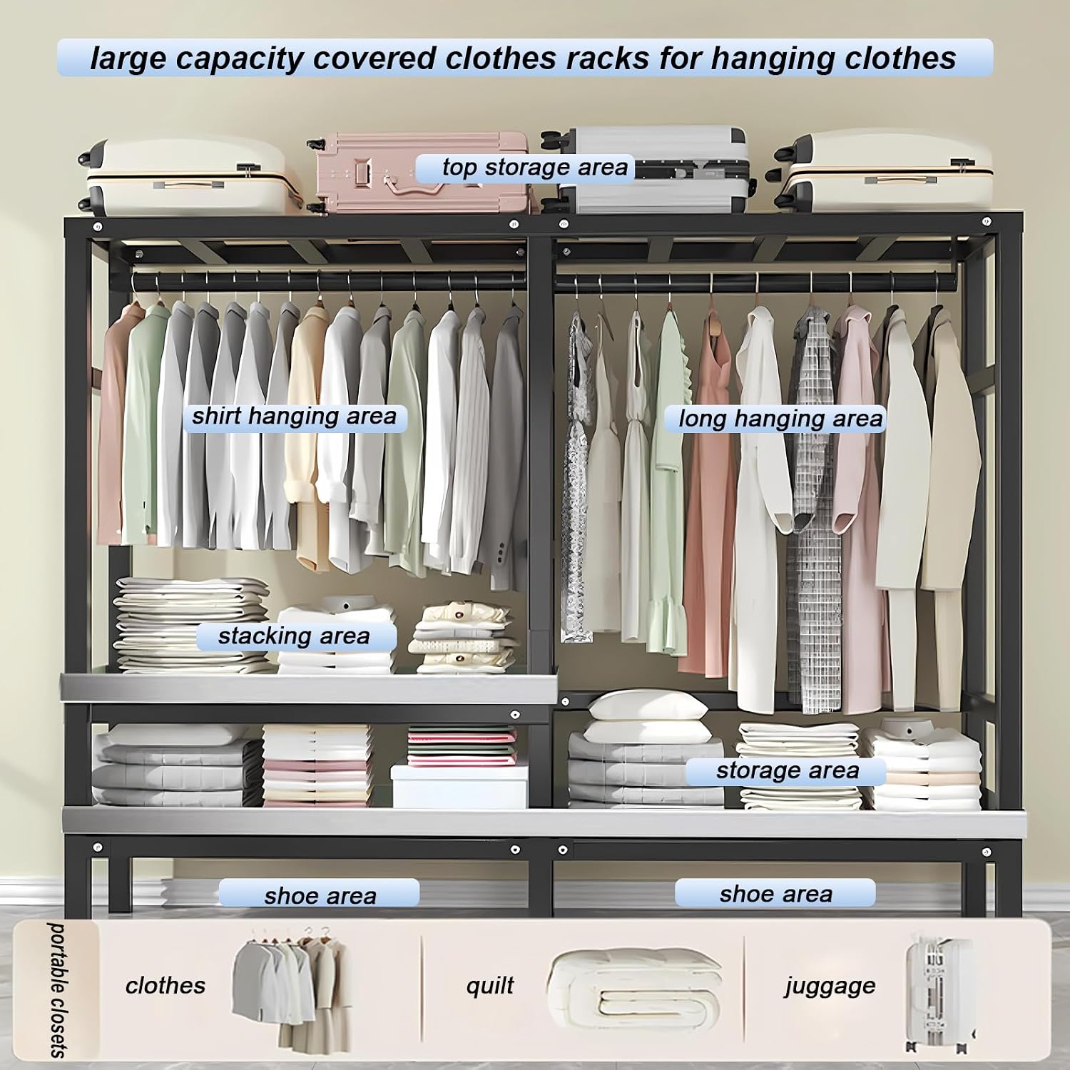 Heavy Duty Rolling Covered Metal Garment Rack with Lockable Wheels and Door, Load 2000lbs, Portable Closets for Hanging Clothes, Large Capacity 360°Enclosed Clothing Racks (B, 49.2in/125cm)