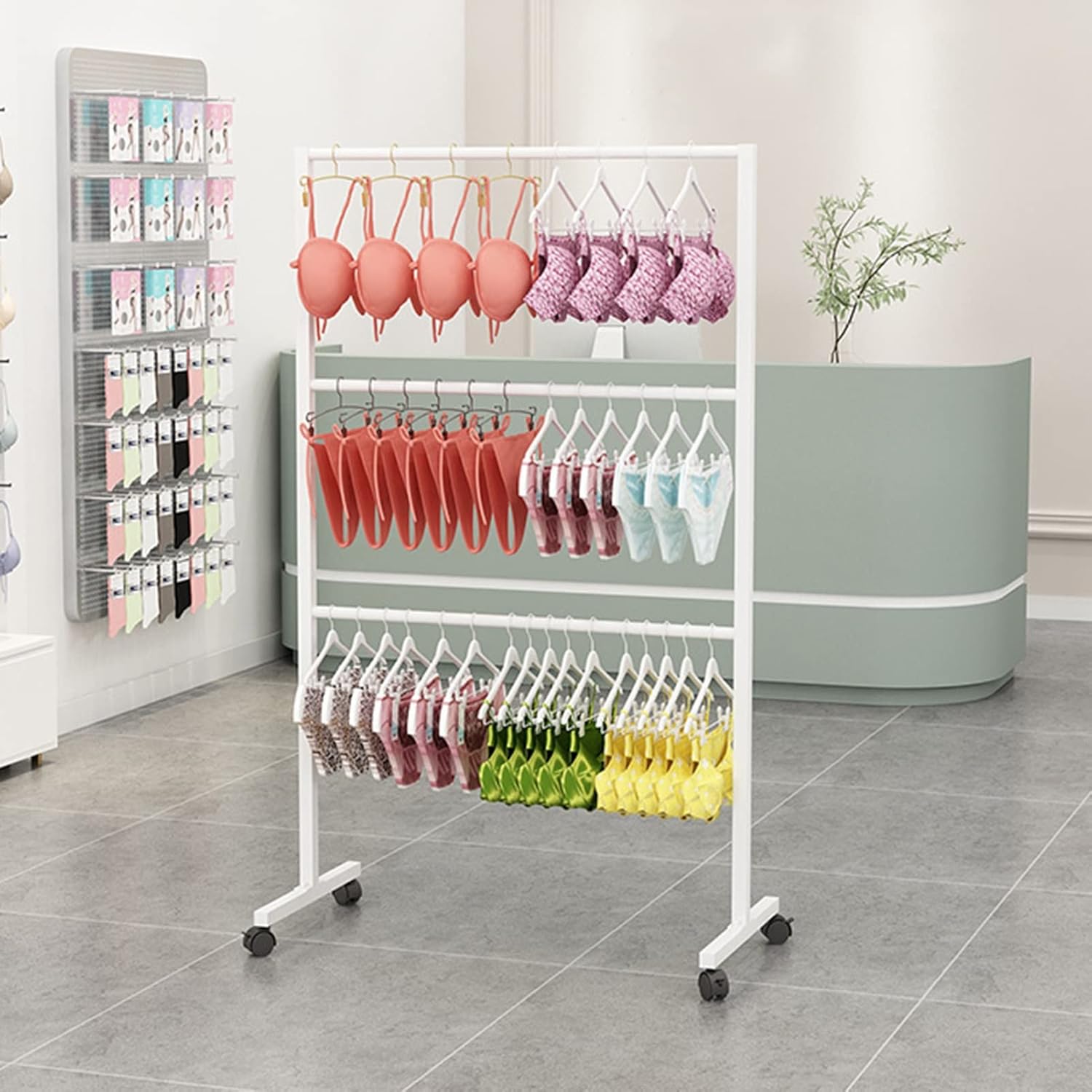 Freestanding Underwear Display Rack with Wheels for Clothing Store Commercial Garment Stand for Bikini Swimwear Lingerie and Shorts，B L80xH135CM/31.5x53in