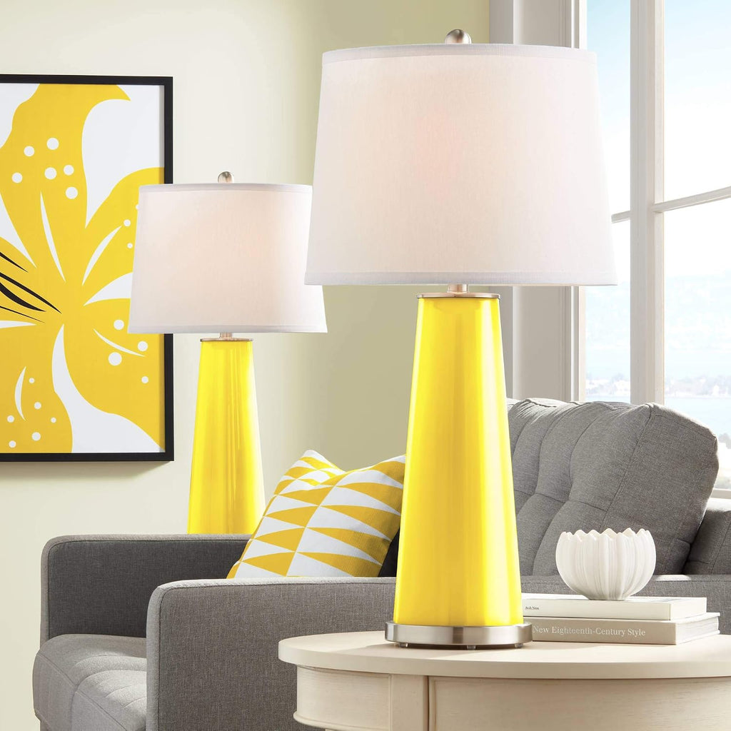 Color + Plus Leo 29 1/2' Tall Modern End Table Lamps Set of 2 Citrus Yellow Finish Glass Fabric White Shade Living Room Bedroom Bedside Nightstand House Office Home Reading Kitchen Entryway Console