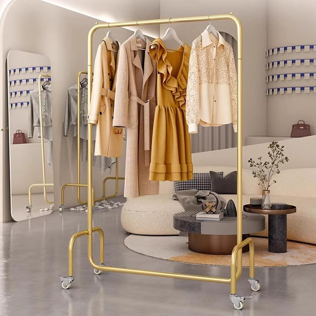 Heavy Duty Coat Rack, Garment rack Commercial Clothes Rack On Wheels, Rolling Clothing Rack For Hanging Clothes, Heavy Duty Clothes Rail For Bedroom And Living Room, 280 Lb Load Capacity, Gold ( 80X4