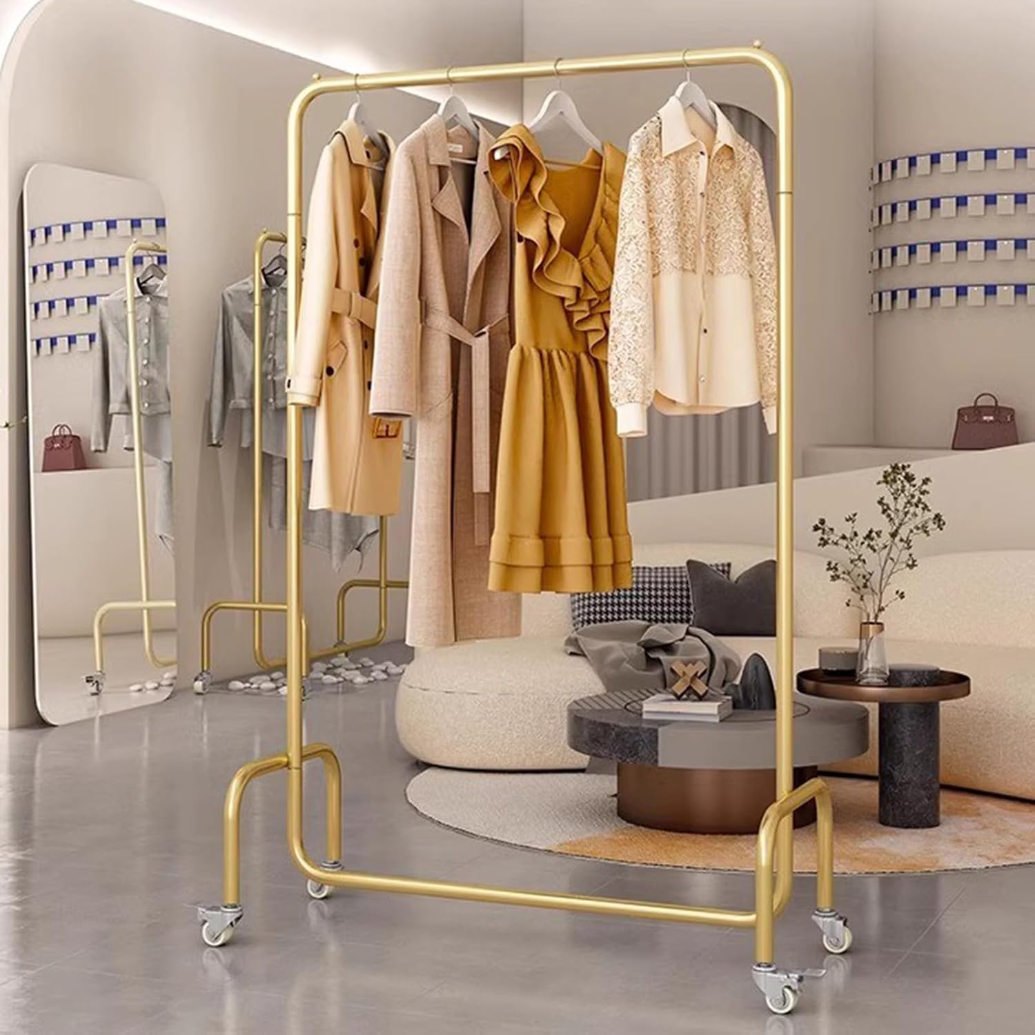 Heavy Duty Coat Rack, Garment rack Commercial Clothes Rack On Wheels, Rolling Clothing Rack For Hanging Clothes, Heavy Duty Clothes Rail For Bedroom And Living Room, 280 Lb Load Capacity, Gold ( 80X4
