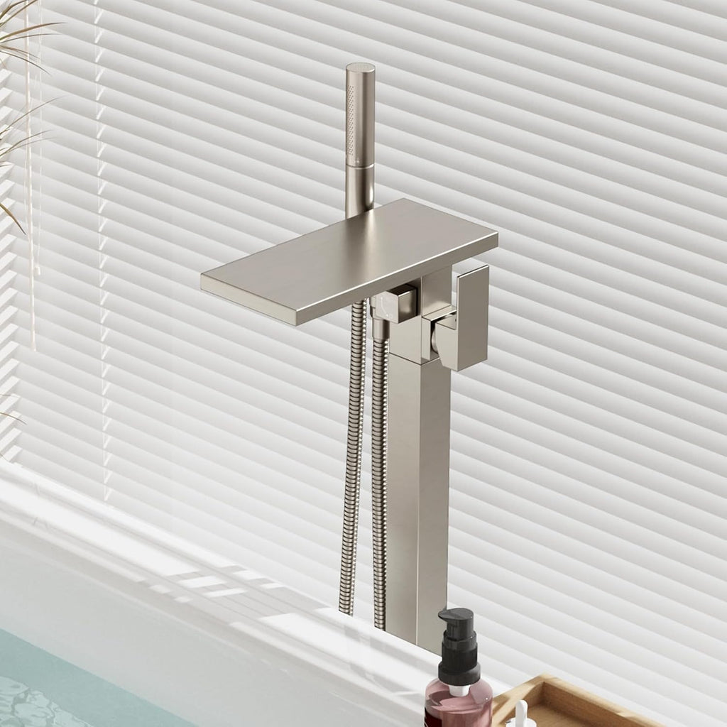 Hoimpro Floor Mount Bathtub Faucet Freestanding Waterfall Tub Filler, Brushed Nickel Single Handle High Flow Shower Faucets Mixer Bathroom Tub Faucets with 2 Function Hand Shower Wand
