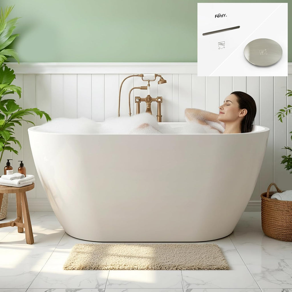 FerdY 55' Acrylic Freestanding Bathtub, Contemporary Soaking tub with Brushed Nickel Drain & Overflow, cUPC Certified, Elegant Oval Shape, Bali