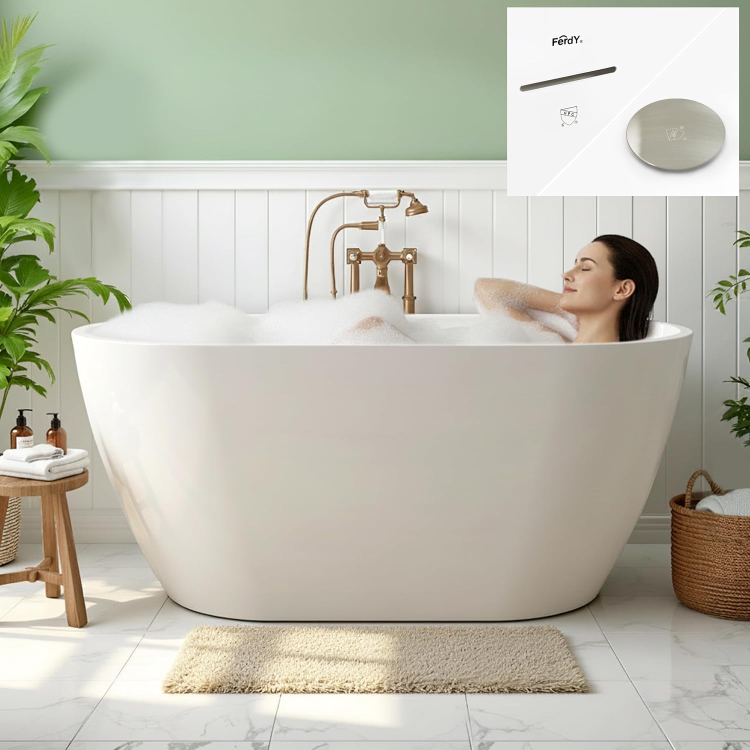 FerdY 55' Acrylic Freestanding Bathtub, Contemporary Soaking tub with Brushed Nickel Drain & Overflow, cUPC Certified, Elegant Oval Shape, Bali