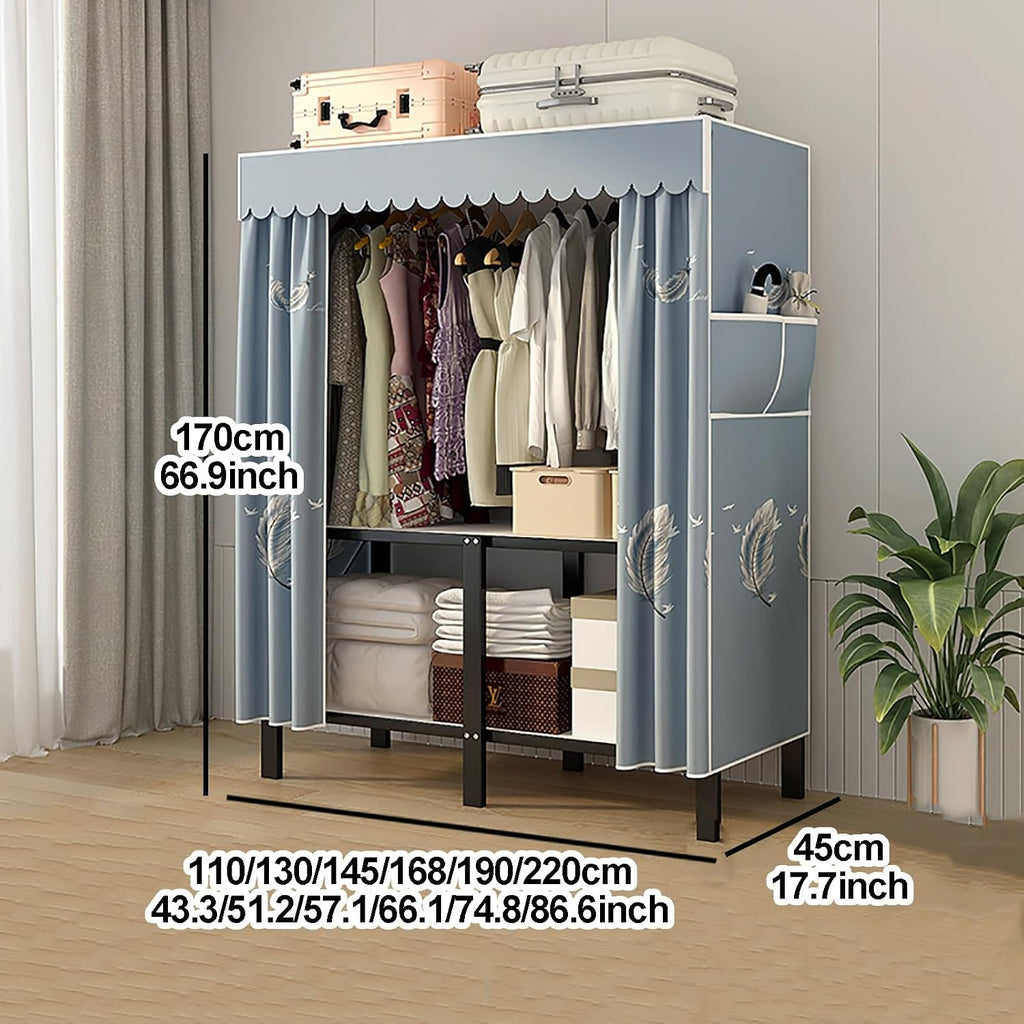 Portable Closet Wardrobe With Hanging Rods, Metal Closet Rack For Hanging Clothes, Clothing Rack With Cover, Metal Garment Racks Organizer For Bedroom(White1,110cm/43.3inch)