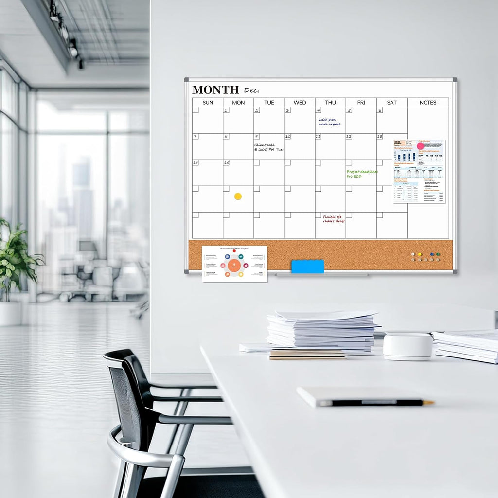 Large Monthly Dry Erase Calendar Whiteboard for Wall, 48' x 36' Double-Sided Big Calendar White Board Cork Board Combo, Aluminum Framed Month Planning Bulletin Board for Office, School, Home