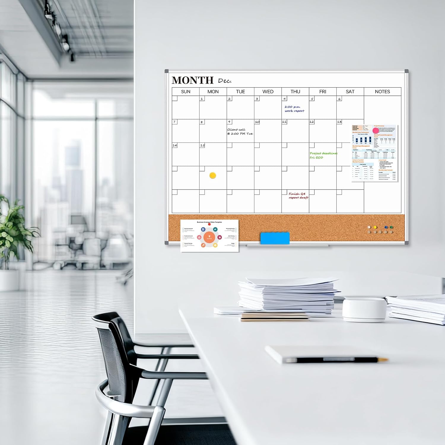 Large Monthly Dry Erase Calendar Whiteboard for Wall, 48' x 36' Double-Sided Big Calendar White Board Cork Board Combo, Aluminum Framed Month Planning Bulletin Board for Office, School, Home