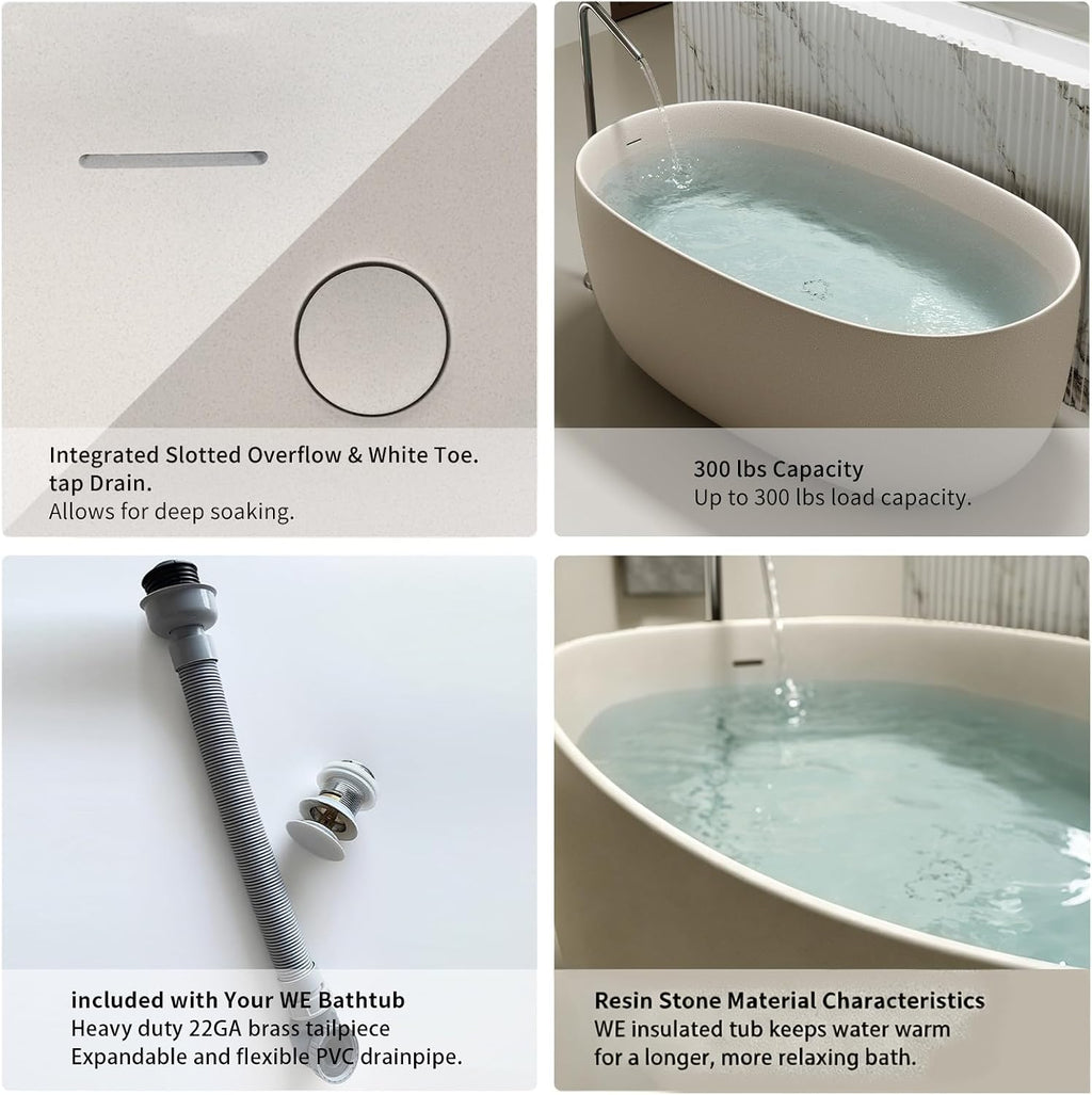 47' Stone Resin Freestanding Soaking Bathtub – Solid Surface Oval Tub for Small Bathroom, Modern Stand Alone Deep Soaking Tub with Slotted Overflow and Drain, Beige