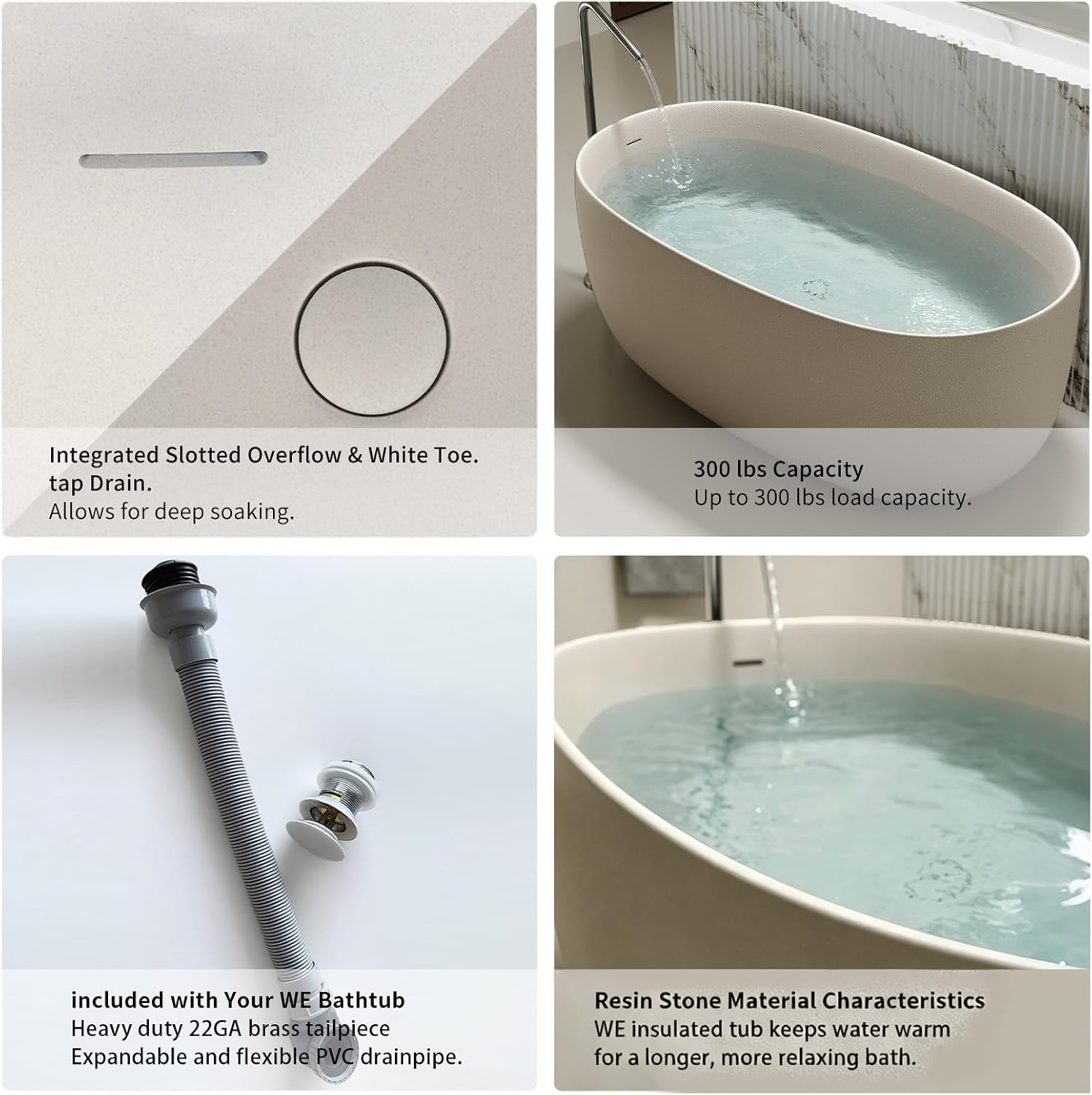 47' Stone Resin Freestanding Soaking Bathtub – Solid Surface Oval Tub for Small Bathroom, Modern Stand Alone Deep Soaking Tub with Slotted Overflow and Drain, Beige