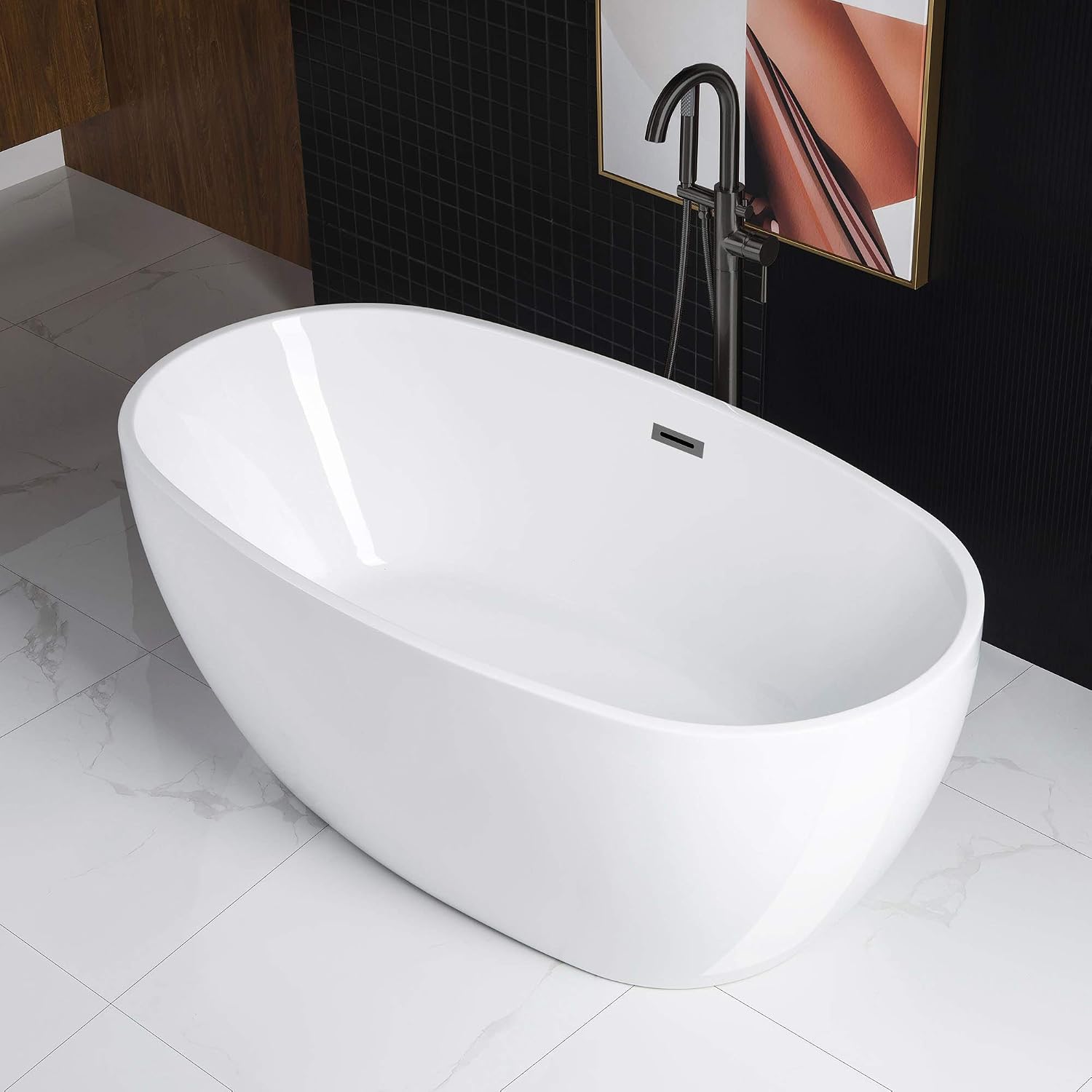 WOODBRIDGE 59'Freestanding White Acylic Soaking Bathtub with Matte Black Drain and Overflow,BTA1518 -MB-Drain &O