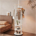 Rotatable Wooden Coat Rack with 3-Tier Storage, Freestanding Garment Stand with 6 Hooks for Bedroom, Entryway, and Walk-in Closet(White)