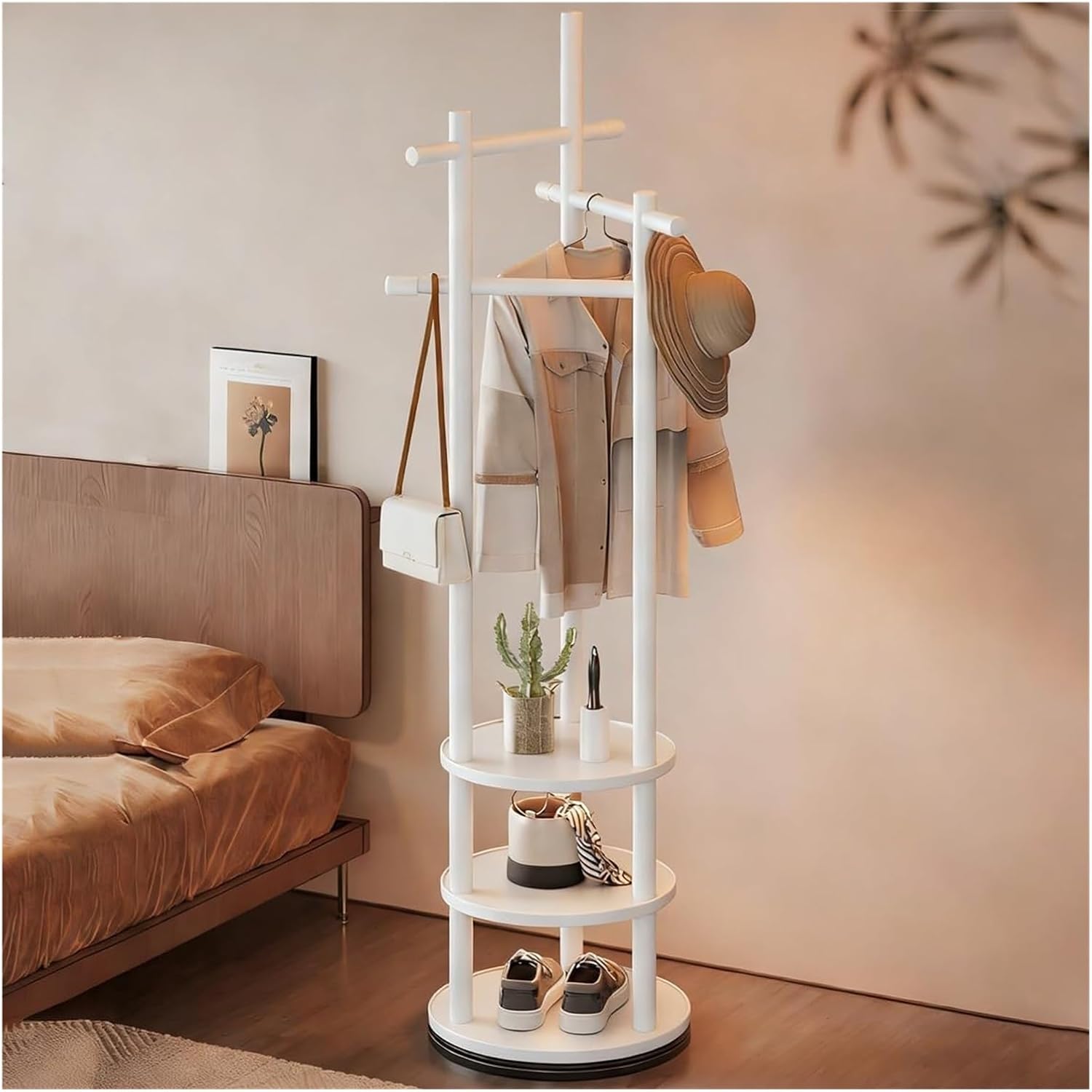 Rotatable Wooden Coat Rack with 3-Tier Storage, Freestanding Garment Stand with 6 Hooks for Bedroom, Entryway, and Walk-in Closet(White)