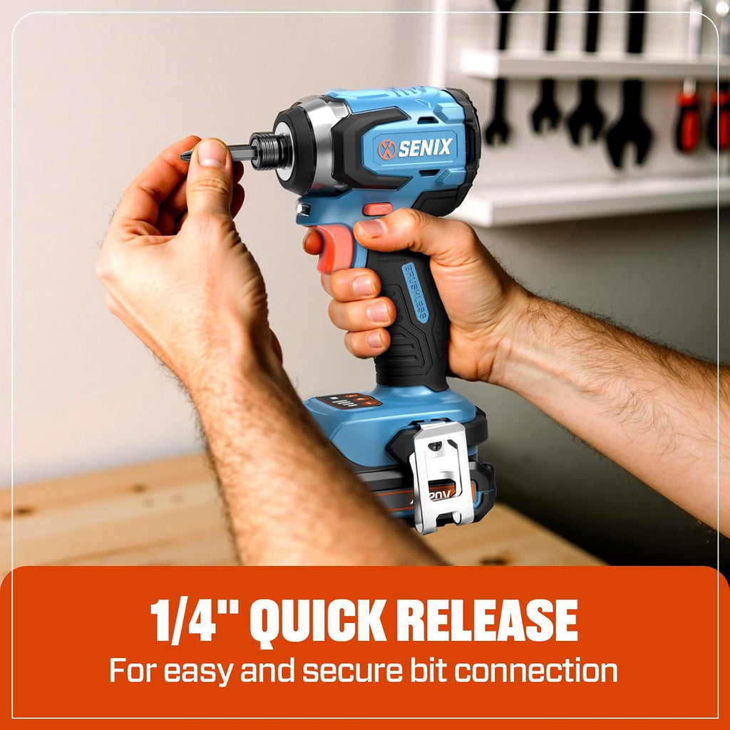 SENIX X2 20 Volt Max* 1/4-Inch Cordless Impact Driver, 4-Speed Battery Screwdriver, Brushless Motor, LED Light, 130 Foot-Pounds of Max Torque, Includes Soft Bag, 2.0 Ah Battery & Charger (PDIX2-M2)