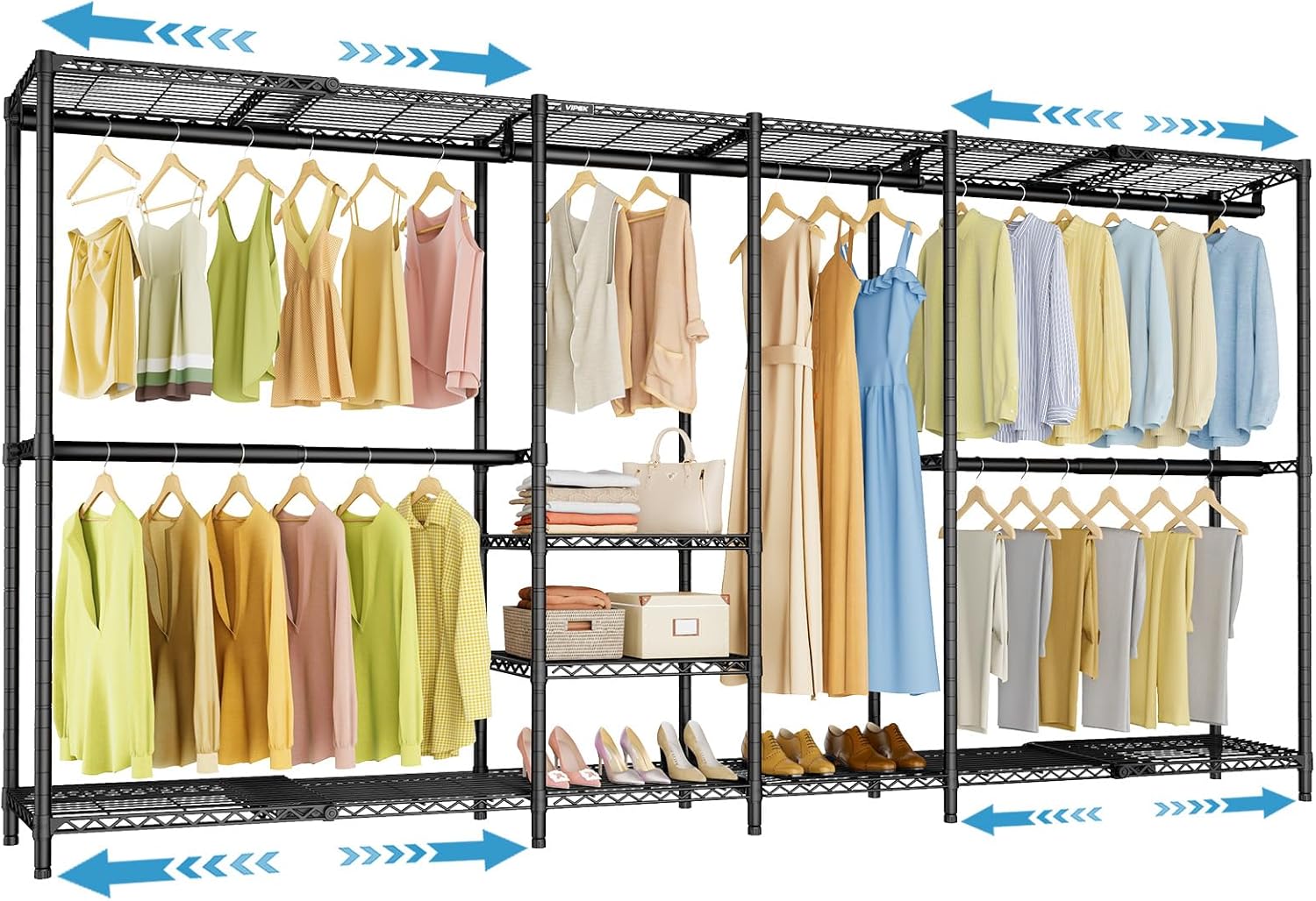 VIPEK X4 Expandable Heavy Duty Clothes Rack, Adjustable from 7'4' to 10'2' with Adjustable Shelves and Hanger Rods, Large Wardrobe Closet Reach-in & Walk-in Closet Metal Clothing Rack, 1530 LBS, Black
