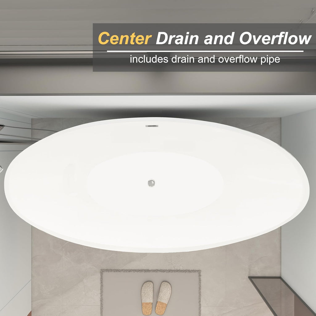 65' Double Slipper Freestanding Soaking Bathtub, WHALEKING Luxury Stand Alone Free Standing Acrylic Tub with Chrome Overflow and Drain, Glossy White