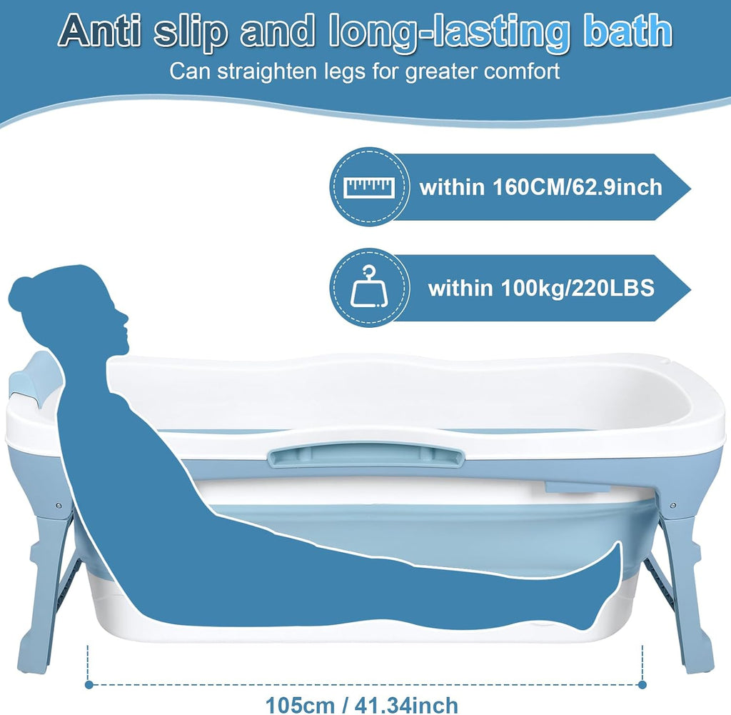 Portable Bathtub Portable Tub for Adults, 56' Foldable Bathtub for Adults Free Standing Tub for Shower, Ice Bath, Sitz Bath, Freestanding Bathtubs with Neck Pillow Blue