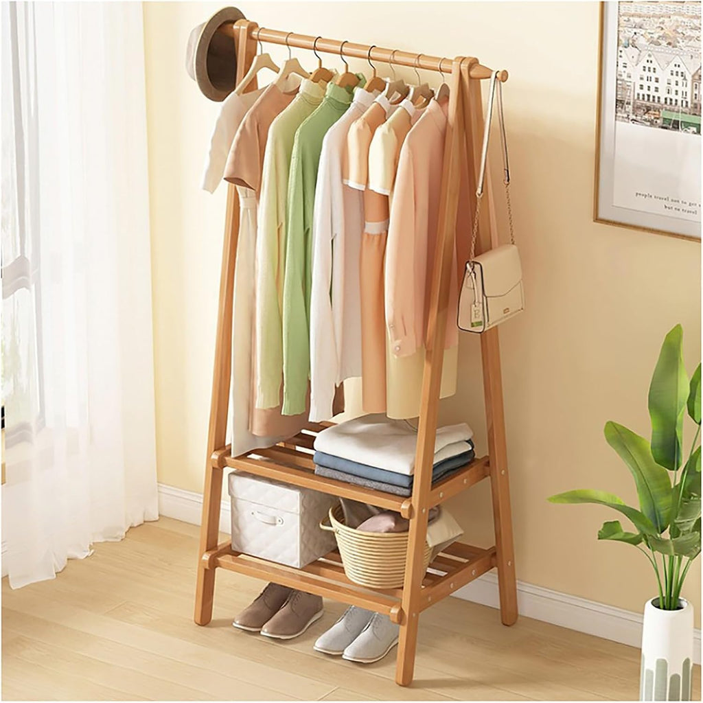 Free Standing Height Adjustable Coat Rack with Shoe Storage Shelfsolid Wood Bamboo Metal Treelike Coat Stand for Hats, Garments, and Clotheseasy Assembly and Collapsible