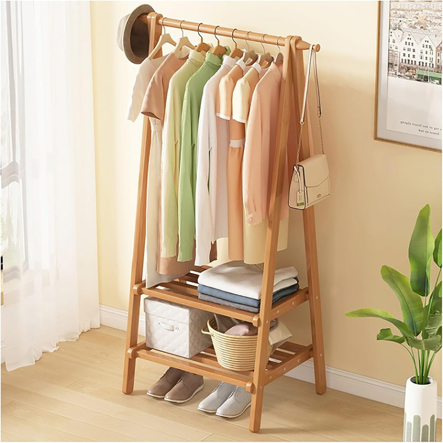 Free Standing Height Adjustable Coat Rack with Shoe Storage Shelfsolid Wood Bamboo Metal Treelike Coat Stand for Hats, Garments, and Clotheseasy Assembly and Collapsible