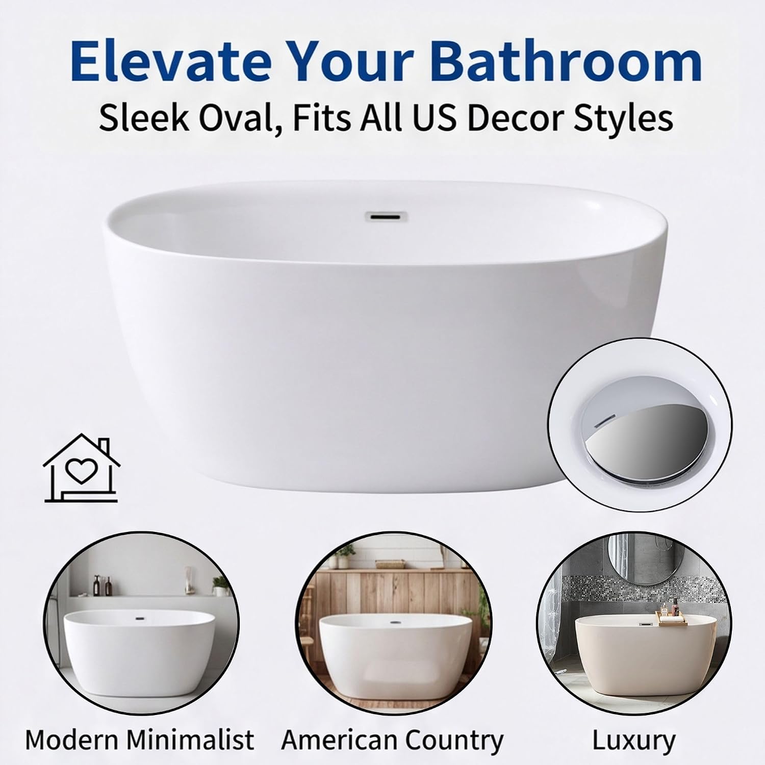 47' Acrylic Freestanding Bathtub, Oval Shape Free Standing Tub Contemporary Soaking Bath Tub with Chrome Overflow & Pop-Up Drain, Gloss White