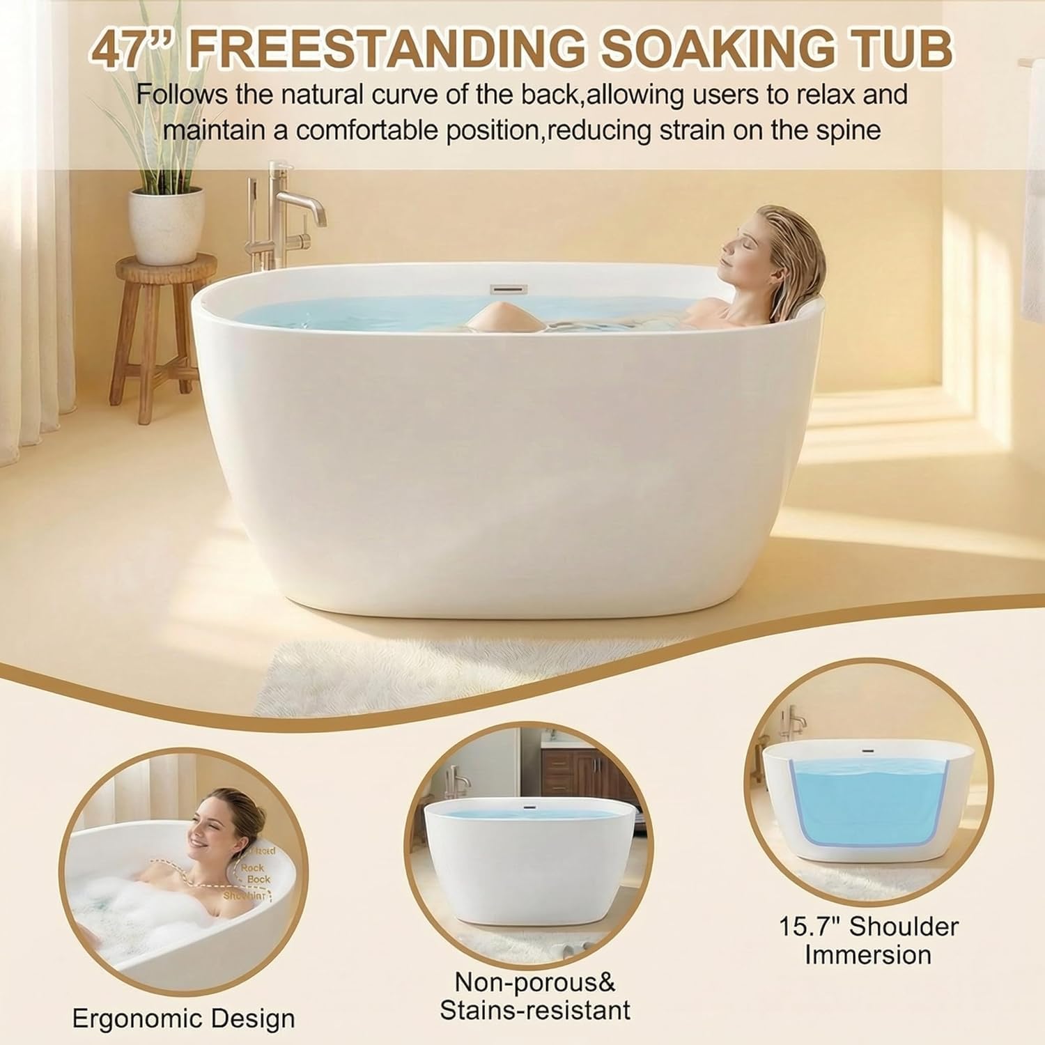47' Freestanding Bathtub, Oval Soaking Tub with Chrome Overflow & Pop-Up Drain, CUPC Certified, Double-Walled Insulation, Modern Freestanding Tub for Bathroom