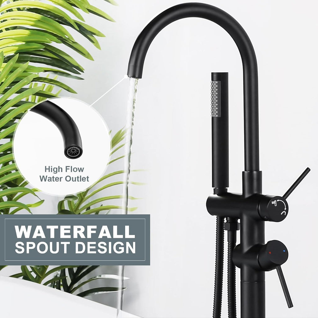 Freestanding Tub Filler Faucet, Floor Mount Matte Black Bathtub Faucet with Single Handheld Shower, Brass Shower Tub Faucet Set Complete, Bathtub Faucet with Shower