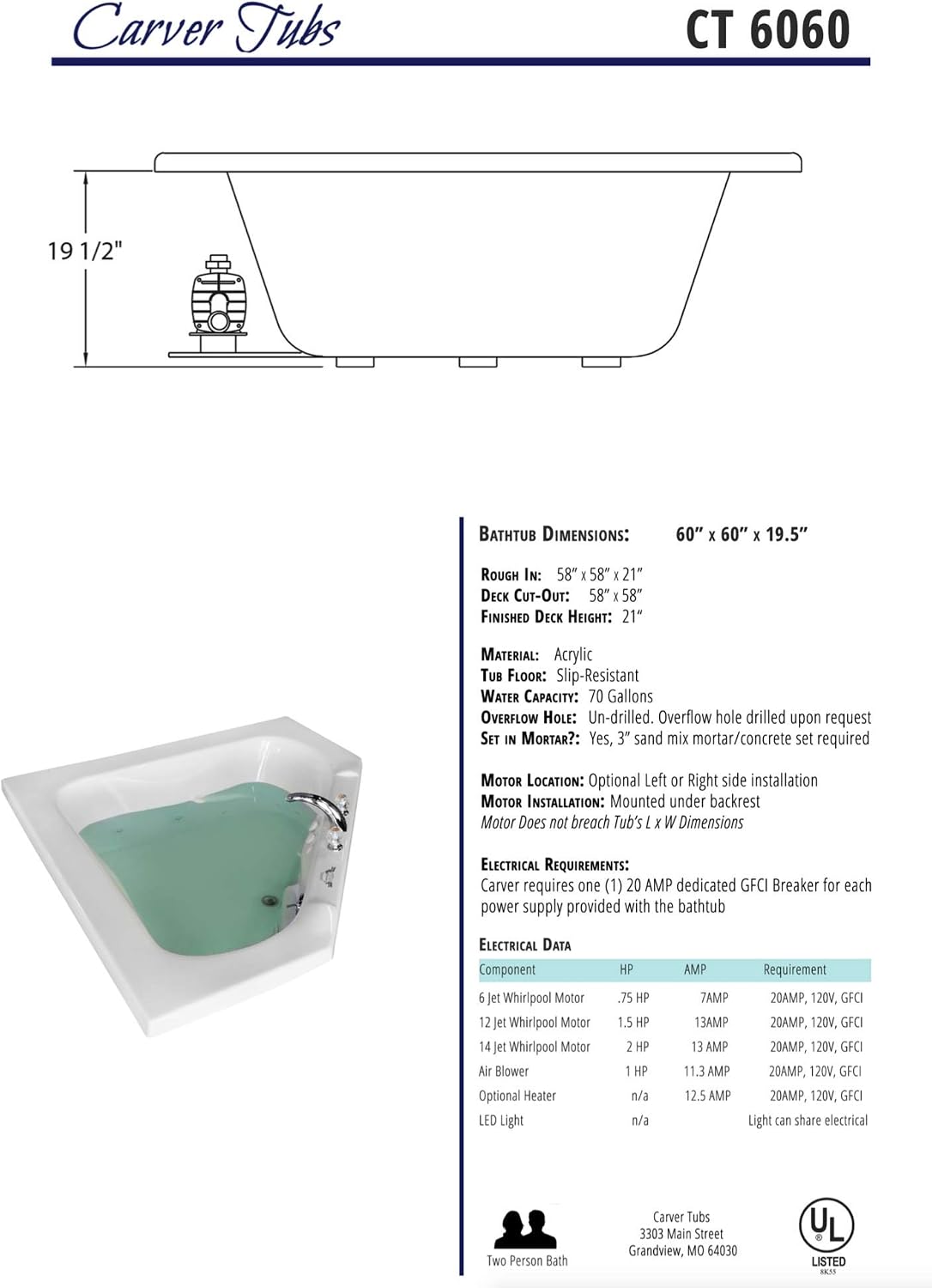 Carver Tubs - CT6060 - Modern Acrylic Fiberglass Whirlpool Corner Bathtub, Heated Jetted Air Massage - White Two Person Acrylic Triangle Tub w/Armrest - Deep Relaxing Soak - 60'L x 60'W x 19.5'H