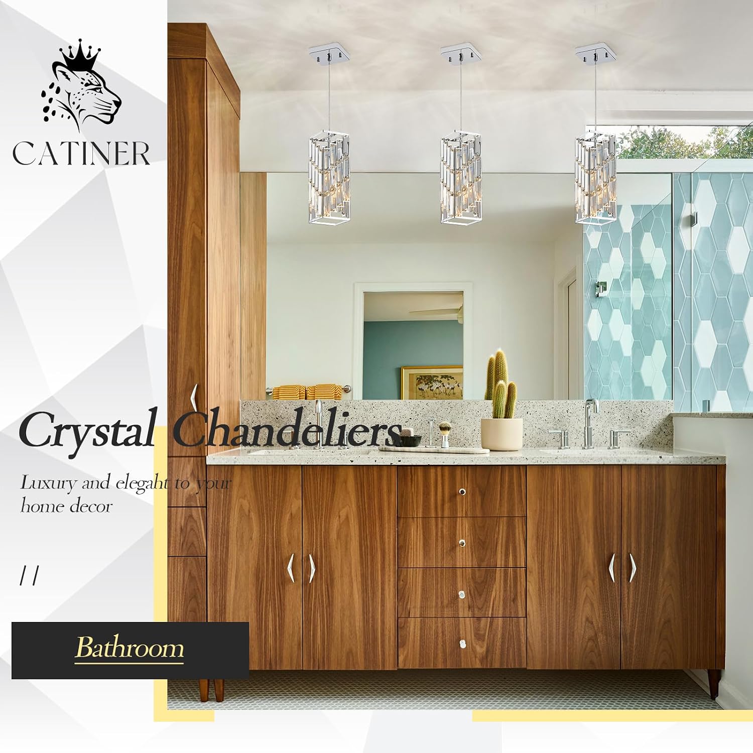 CATINER Chrome Crystal Pendant Lights 3 Pack, Mini Hanging Pendant Lighting Fixture with Adjustable Cord, Modern Kitchen Island Pendant Lights for Dining Room, Bedroom, Hallway, E26 Base