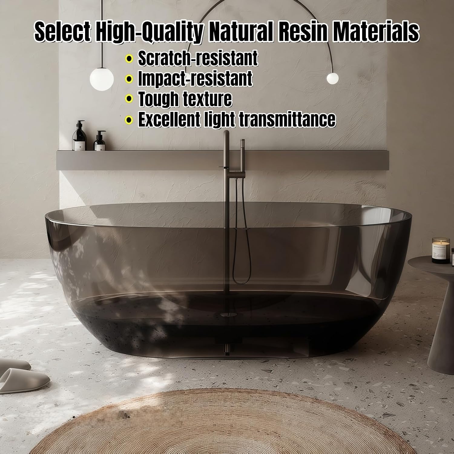 64' Edeyeu Freestanding Bathtub - Clear Oval Resin Extra Deep Soaking Tub, Ergonomic Solid Surface Bathtub Alternative With Handcrafted Finish for Luxury Modern Bathrooms Green