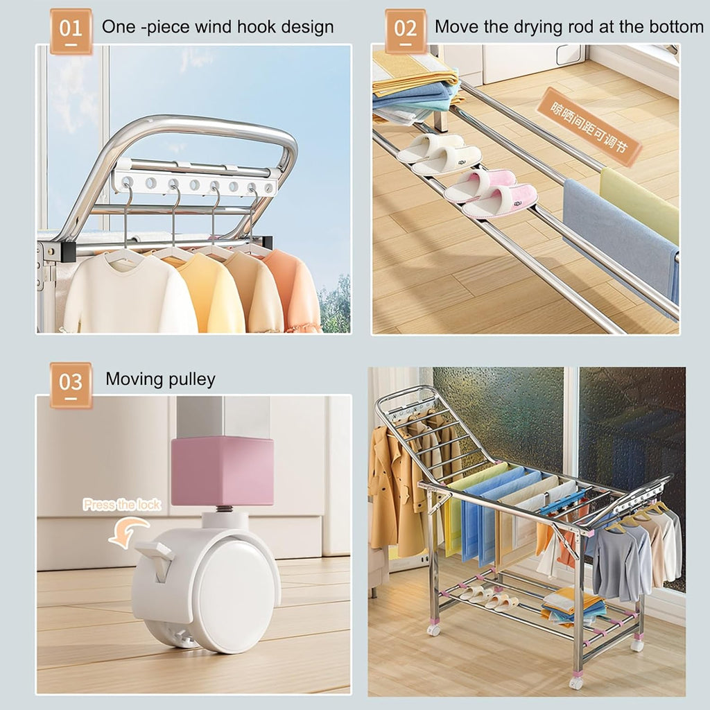 Laundry Drying Rack Collapsible,Cloths Drying Rack 2-Tier Four-Legged Clothing Rack,Portable Garment Rack with Moving Foot Wheel,Free-Standing Large Drying Rack with Height-Adjustable Wings