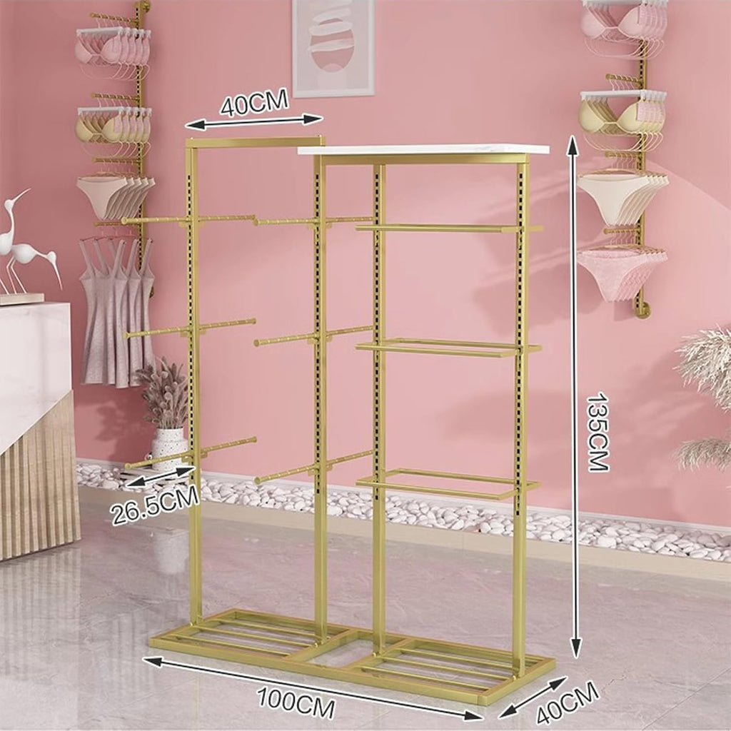 Adjustable Underwear Display Stands, Double-Sided Wrought Iron Floor-Standing Display Stand, Garment Racks with Top Storage Shelf and Hanging Bar, for Bag Skirts Socks Panties Shorts Underwear Bra