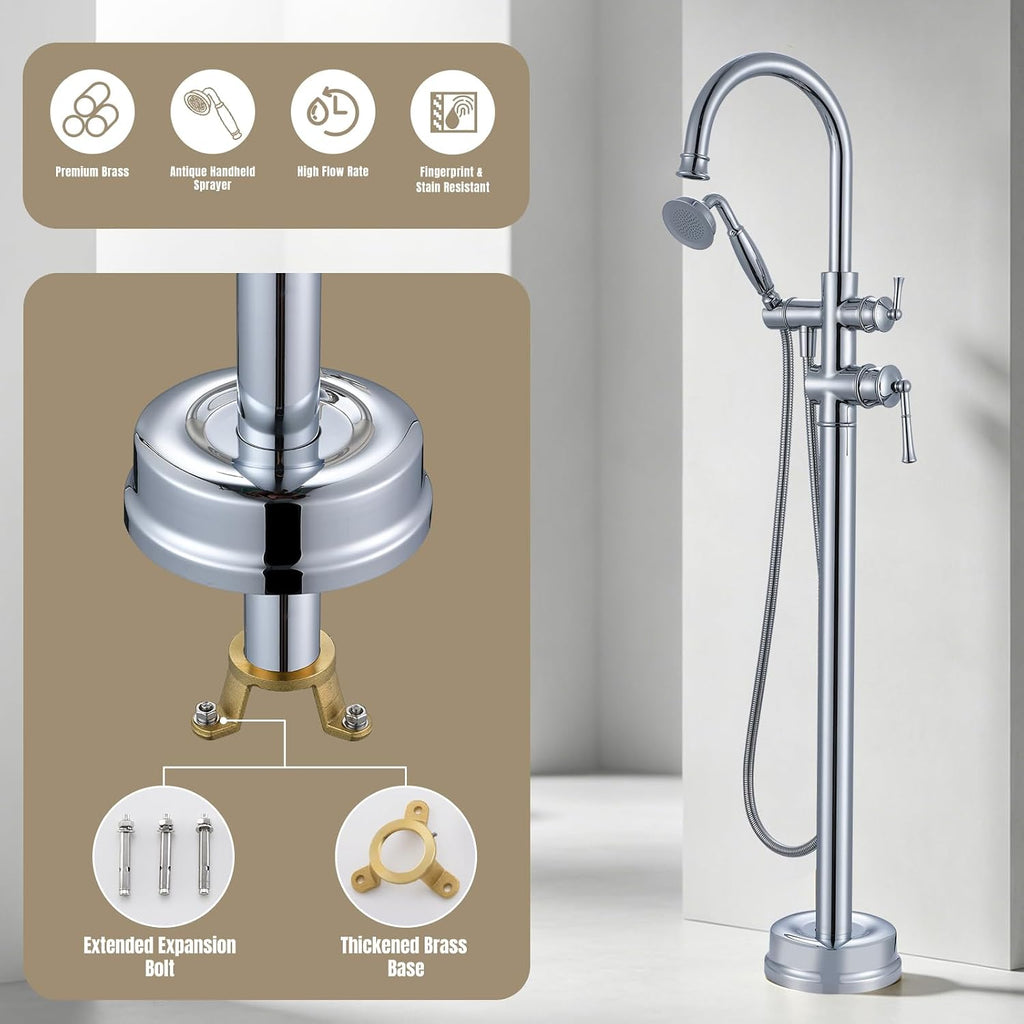 Free Standing Tub Faucet, Antique, Polished Chrome (B2311-CP) | H59-1 Premium Solid Brass, High Flow 6.6 GPM, Elegant & Vintage Styling