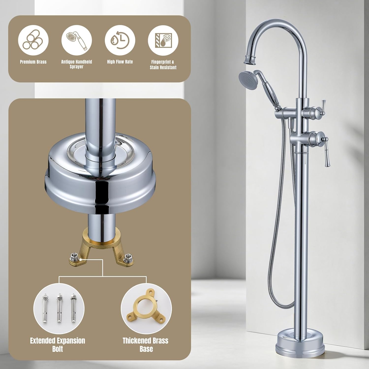 Free Standing Tub Faucet, Antique, Polished Chrome (B2311-CP) | H59-1 Premium Solid Brass, High Flow 6.6 GPM, Elegant & Vintage Styling
