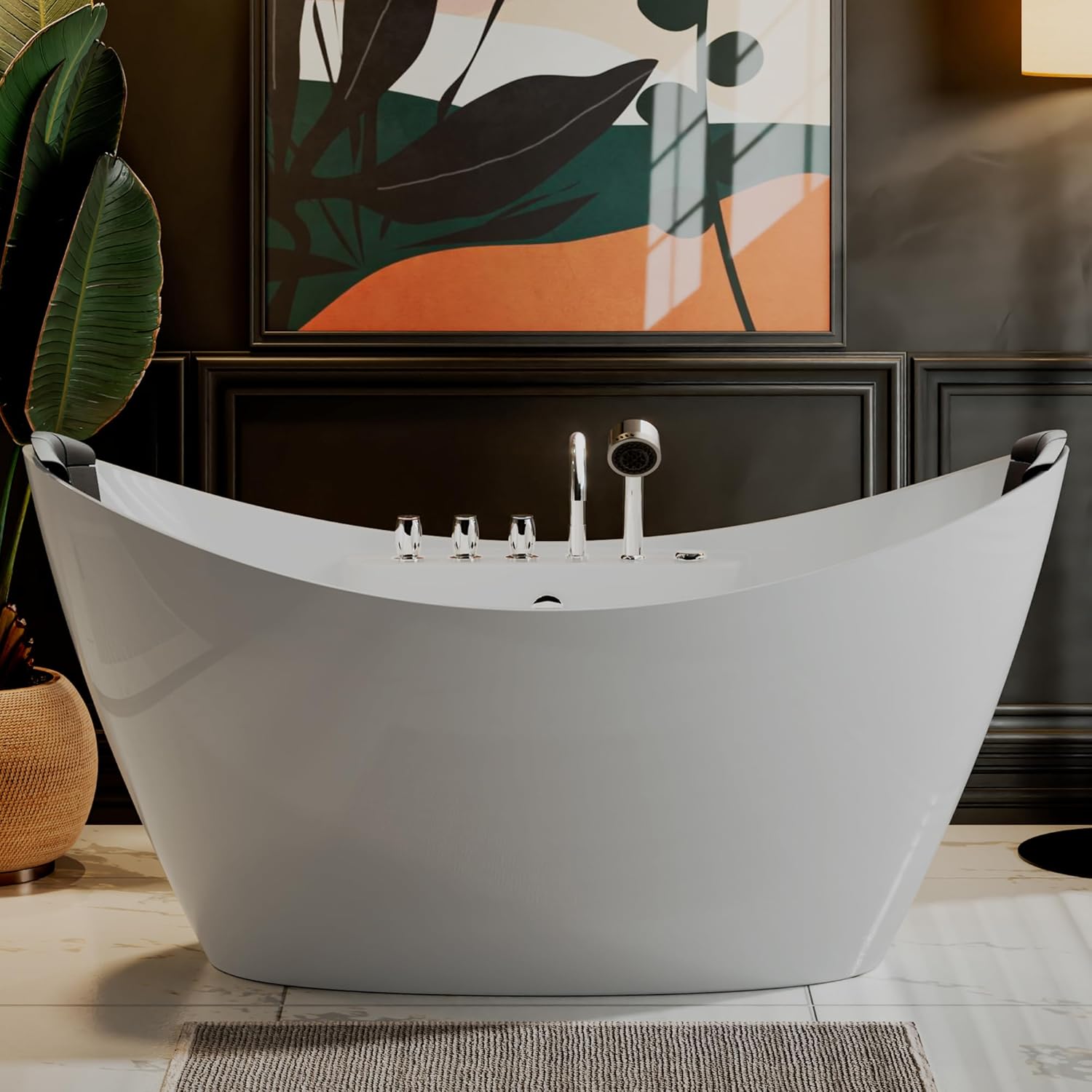 Empava 59' Freestanding Whirlpool Tub with Center Drain,Stand Alone Bathtub with 8 Hydromassage Jets, Boat-Shaped Design,Acrylic,ETL Certificated