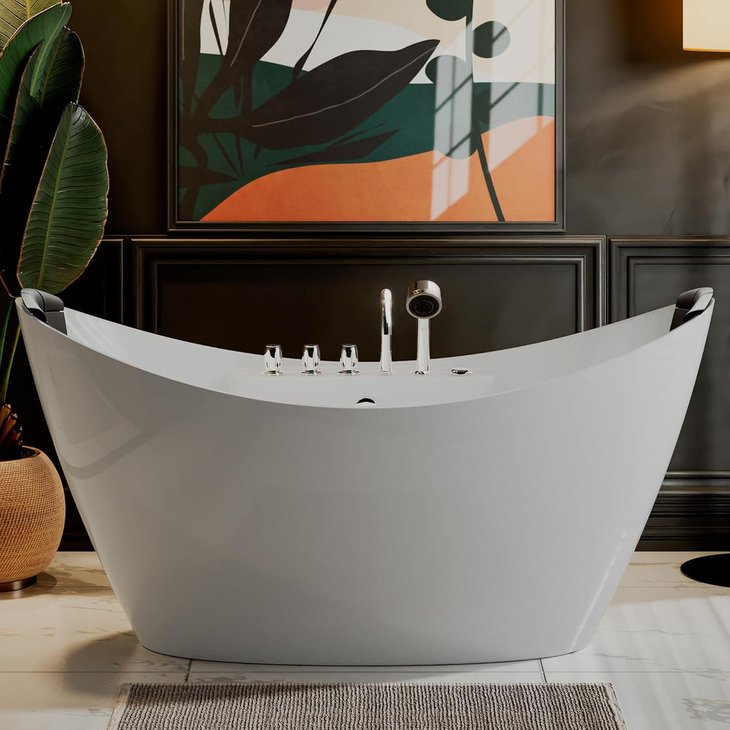 Empava 59' x 28' Freestanding Whirlpool Tub with Center Drain,560W Stand Alone Bathtub with 8 Hydromassage Jets, Unique Boat-Shaped,Acrylic,ETL Certified