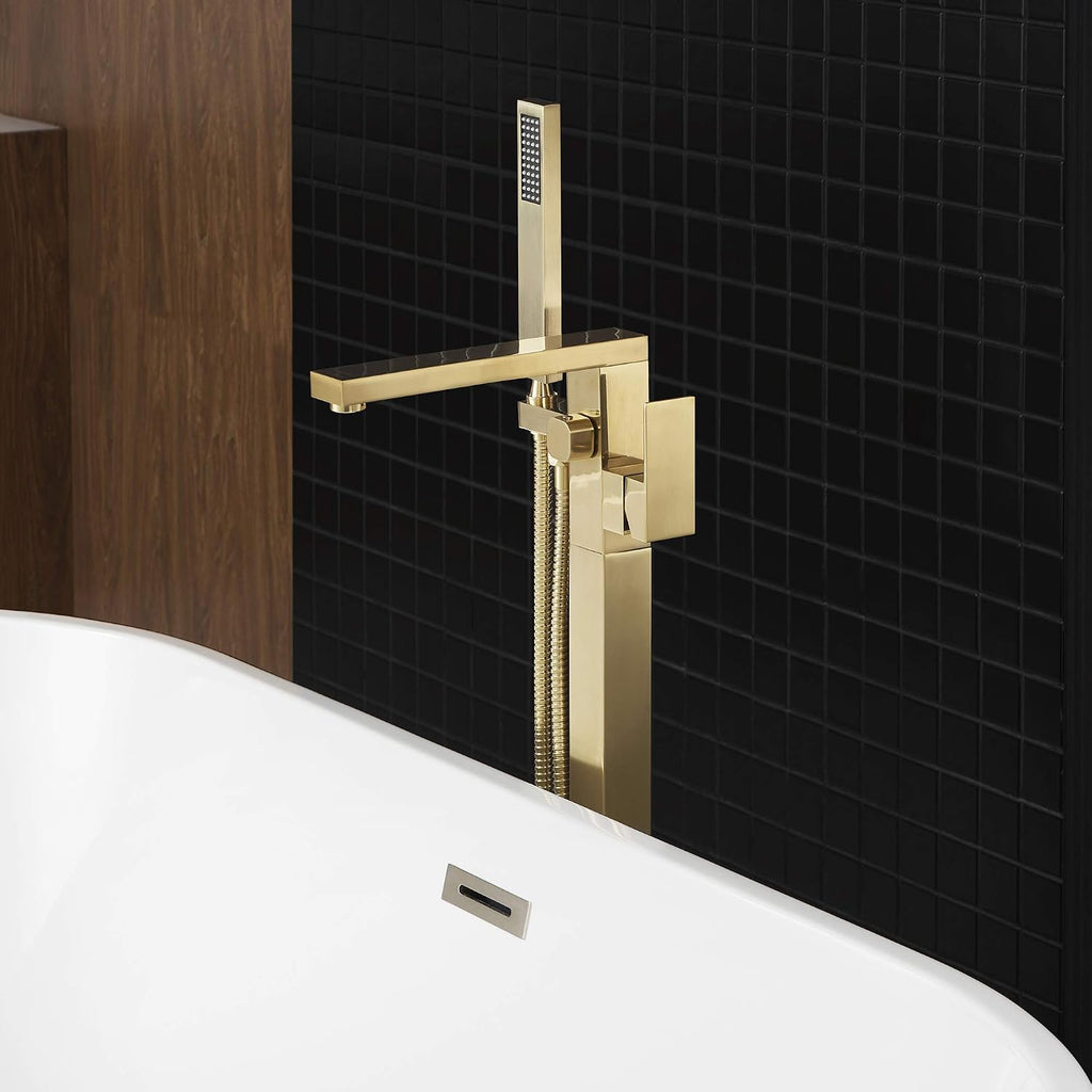 WOODBRIDGE F0008BG Contemporary Single Handle Floor Mount Freestanding Tub Filler Faucet with Hand Shower in Brushed Gold Finish