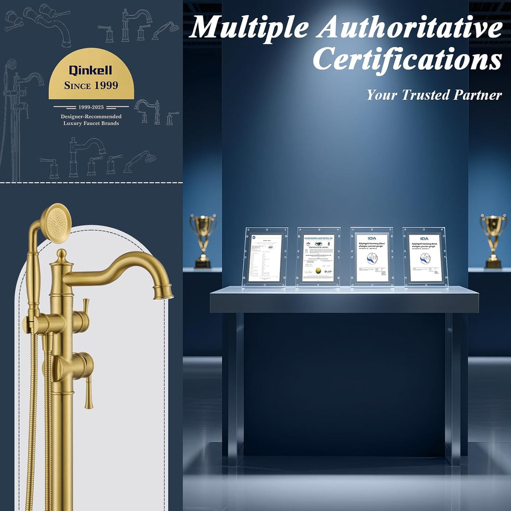 Free Standing Tub Faucet, Qinkell Classic Elegant Gooseneck Freestanding Bathtub Faucet with Sprayer Brass Luxury Floor Mount Bath Faucets High Flow Roman Tub Filler, Brushed Gold (QC-202511BG)