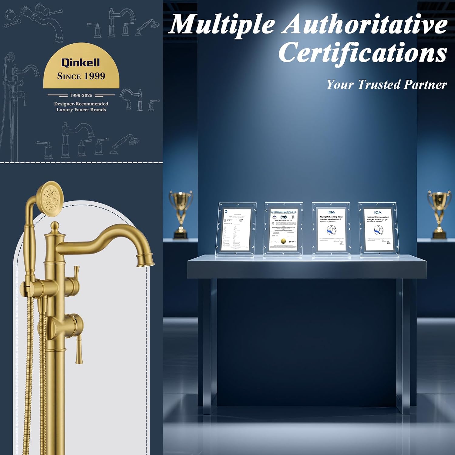 Free Standing Tub Faucet, Qinkell Classic Elegant Gooseneck Freestanding Bathtub Faucet with Sprayer Brass Luxury Floor Mount Bath Faucets High Flow Roman Tub Filler, Brushed Gold (QC-202511BG)