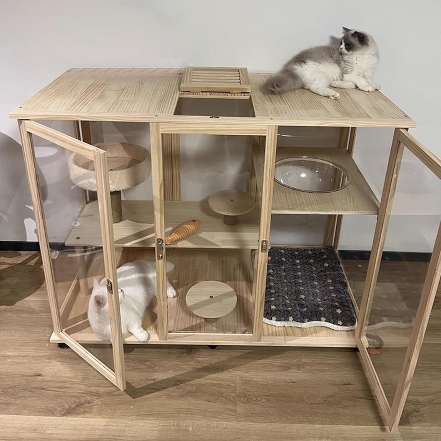 Cat Villa Wooden Cat Cage 4 Features Braked Casters and A Top Skylight Magnetic Cabinet Doors Suitable for 1-2 Cats Top Storage Space Cat Condo(90 * 60 * 95cm)